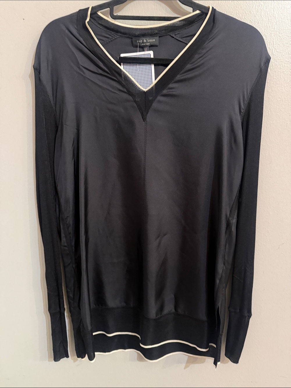 rag & bone Black V-Neck Sweater with Cream Trim